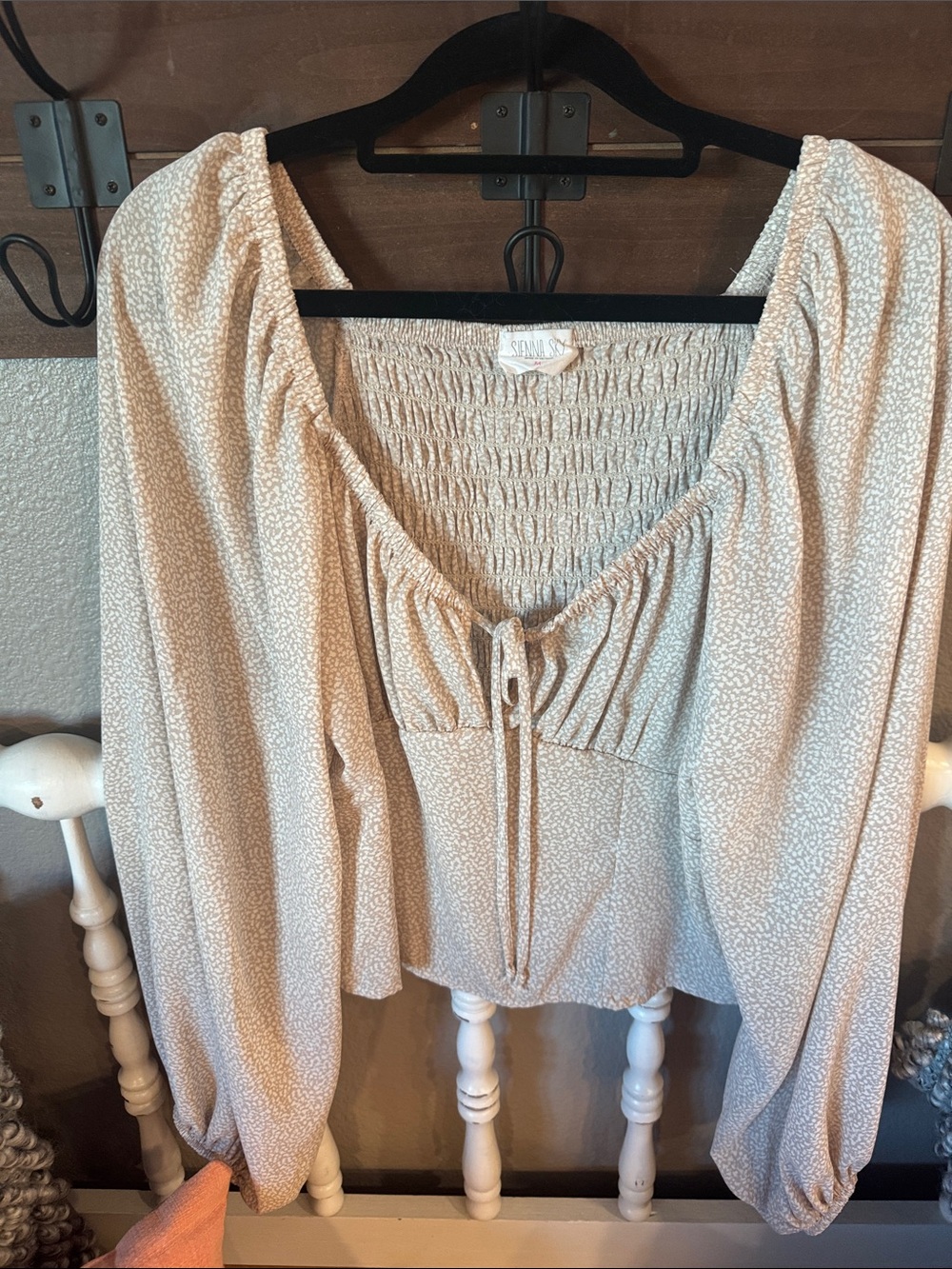 Sienna Sky Beige Cream Smocked Peasant Blouse with Tie Front - Picture 1 of 5